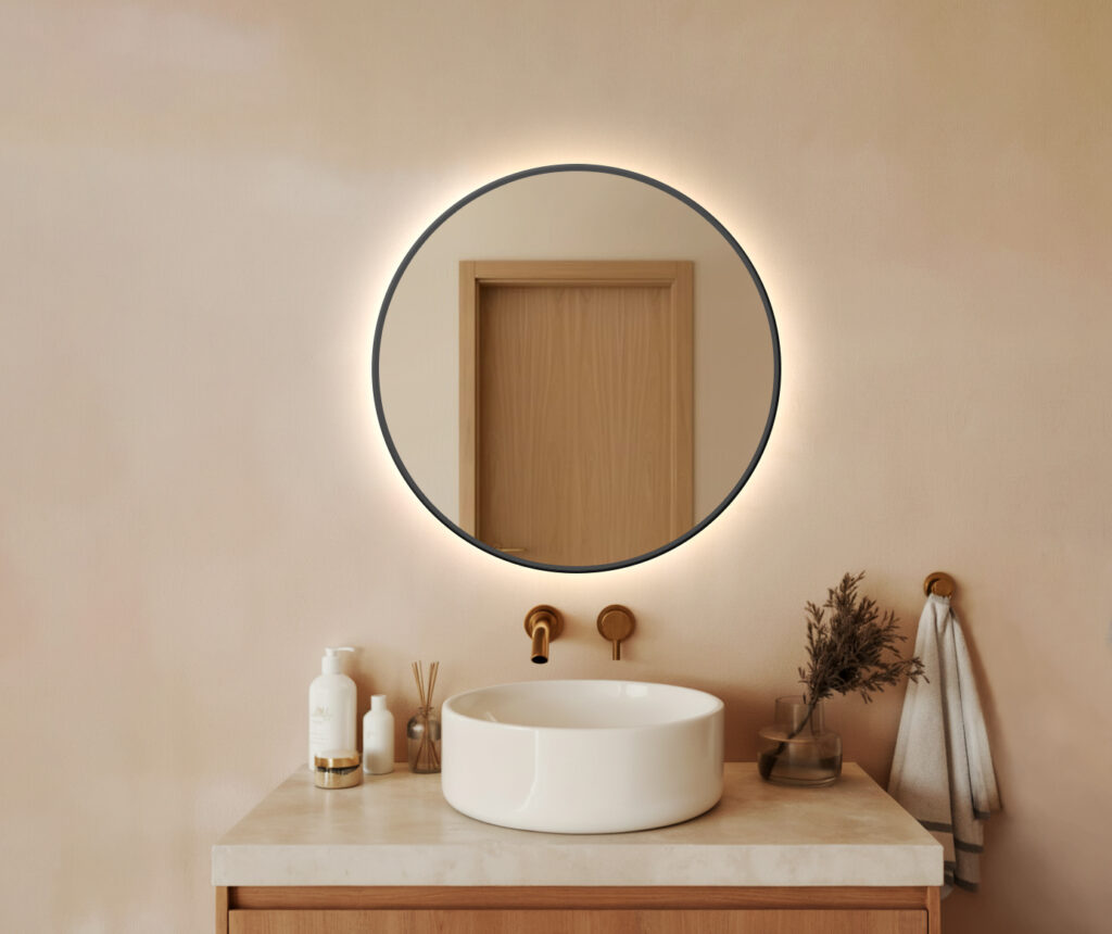 Lustro LED IZMAEL - Okrągłe Czarna Aluminiowa Rama z Podświetleniem LED