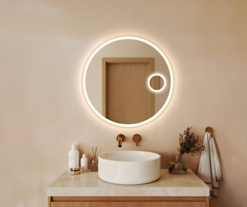Lustro LED EZEHIEL z Lusterkiem Kosmetycznym, Okrągłe podświetlane piaskowane na obrzeżach.