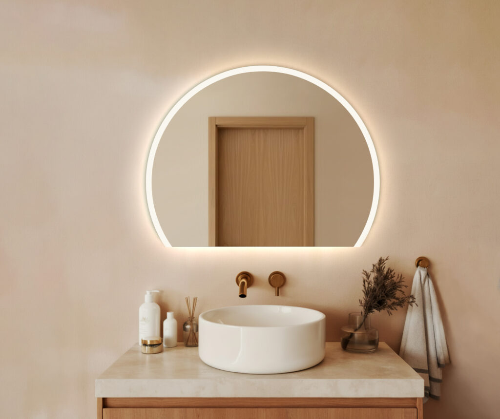 Lustro LED EZEHIEL - Półokrągłe Ze Ścięciem na dole , podświetlane z piaskowaniem na obrzeżach