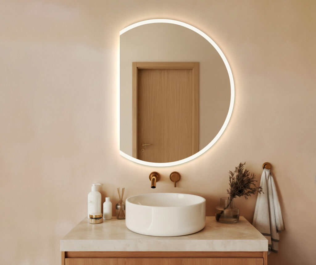 Lustro LED EZEHIEL - Półokrągłe ze ścięciem z lewej strony, piaskowane z podświetleniem