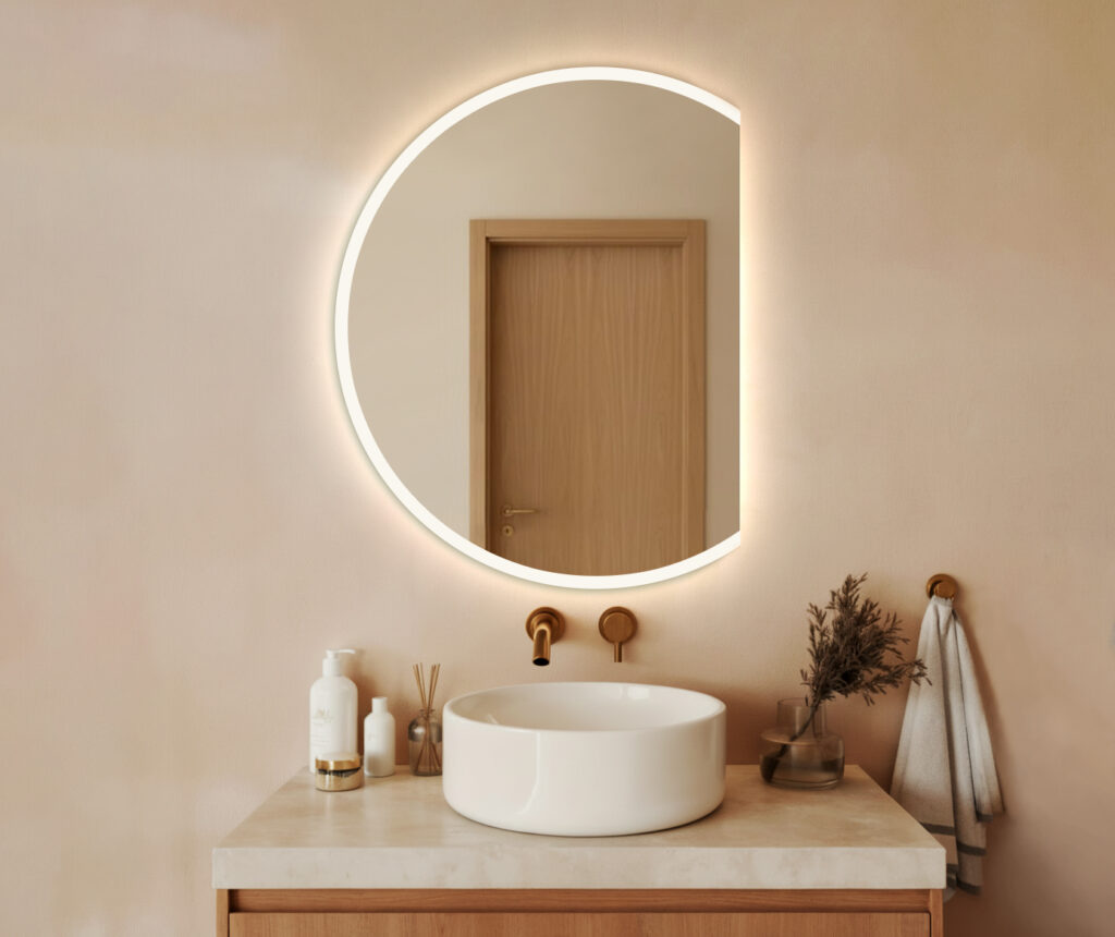 Lustro LED EZEHIEL - Półokrągłe ze ścięciem z prawej strony, piaskowane z podświetleniem