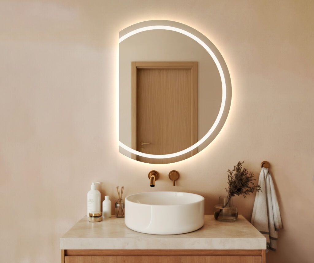 Lustro LED AMOS - Półokrągłe ze ścięciem z lewej strony, piaskowane z podświetleniem