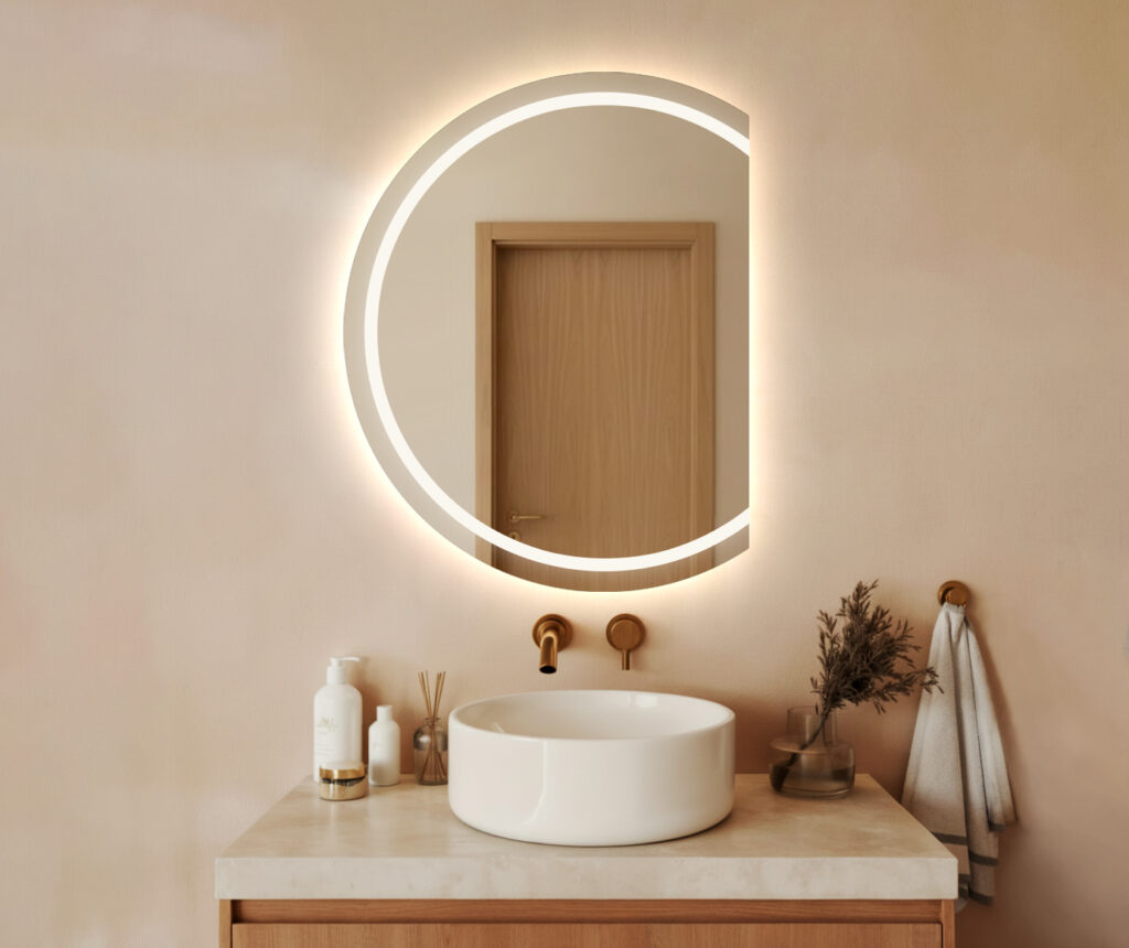 Lustro LED AMOS - Półokrągłe ze ścięciem z prawej strony, piaskowane z podświetleniem