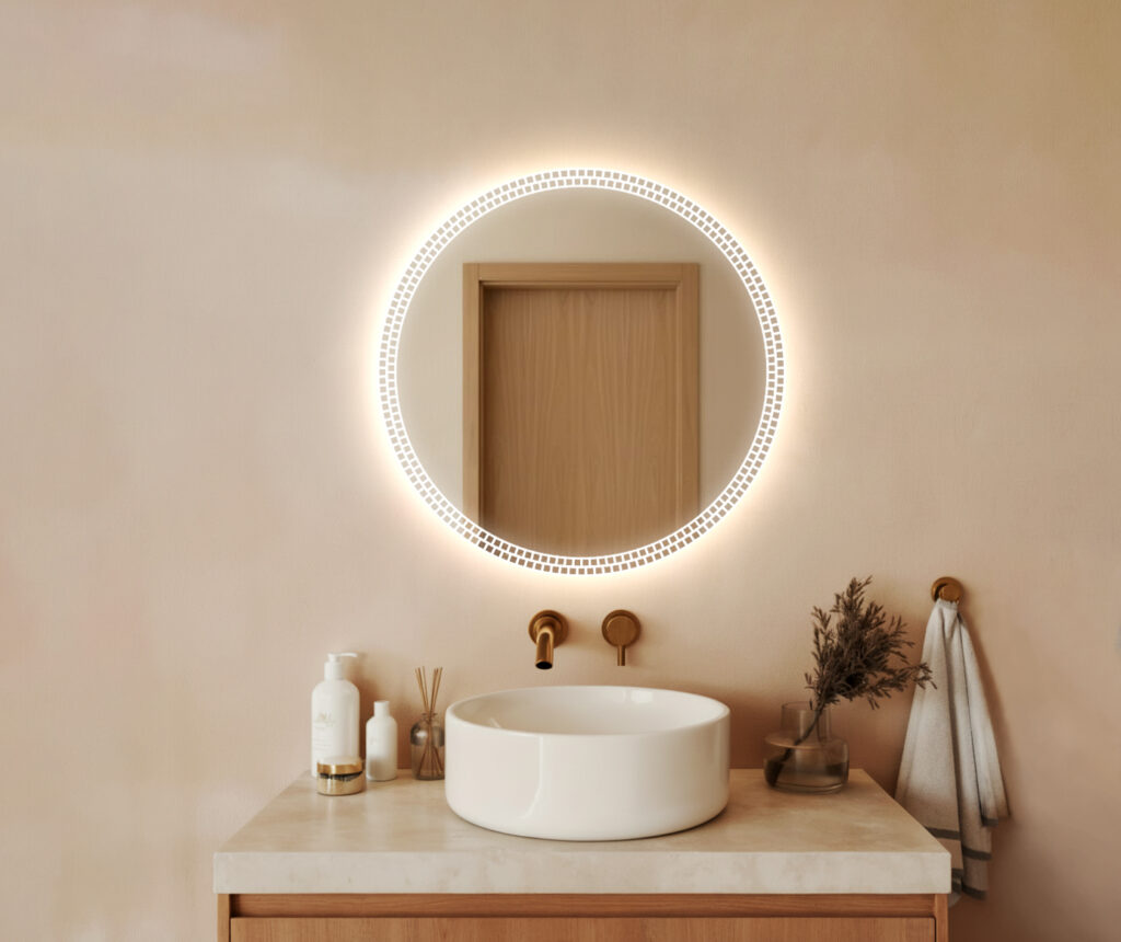 Lustro LED ZACHARIASZ - Okrągłe podświetlane piaskowane na obrzeżach