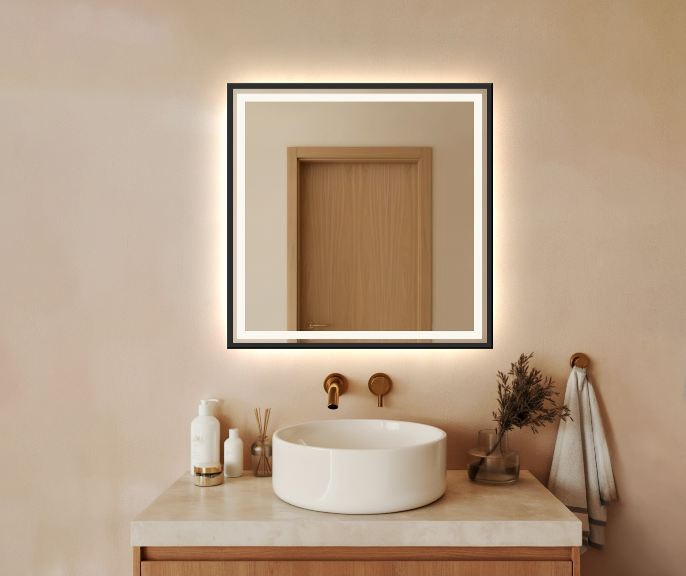 (Wyprzedaż) Lustro LED AMOS - Prostokątne sz 700mm x wys 700mm, Włącznik Dotykowy + Czarna Rama + 3 Barwy