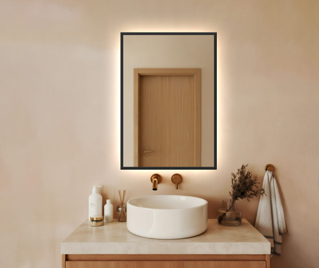 Lustro LED IZMAEL - Prostokątne w czarnej aluminiowej ramie z podświetleniem