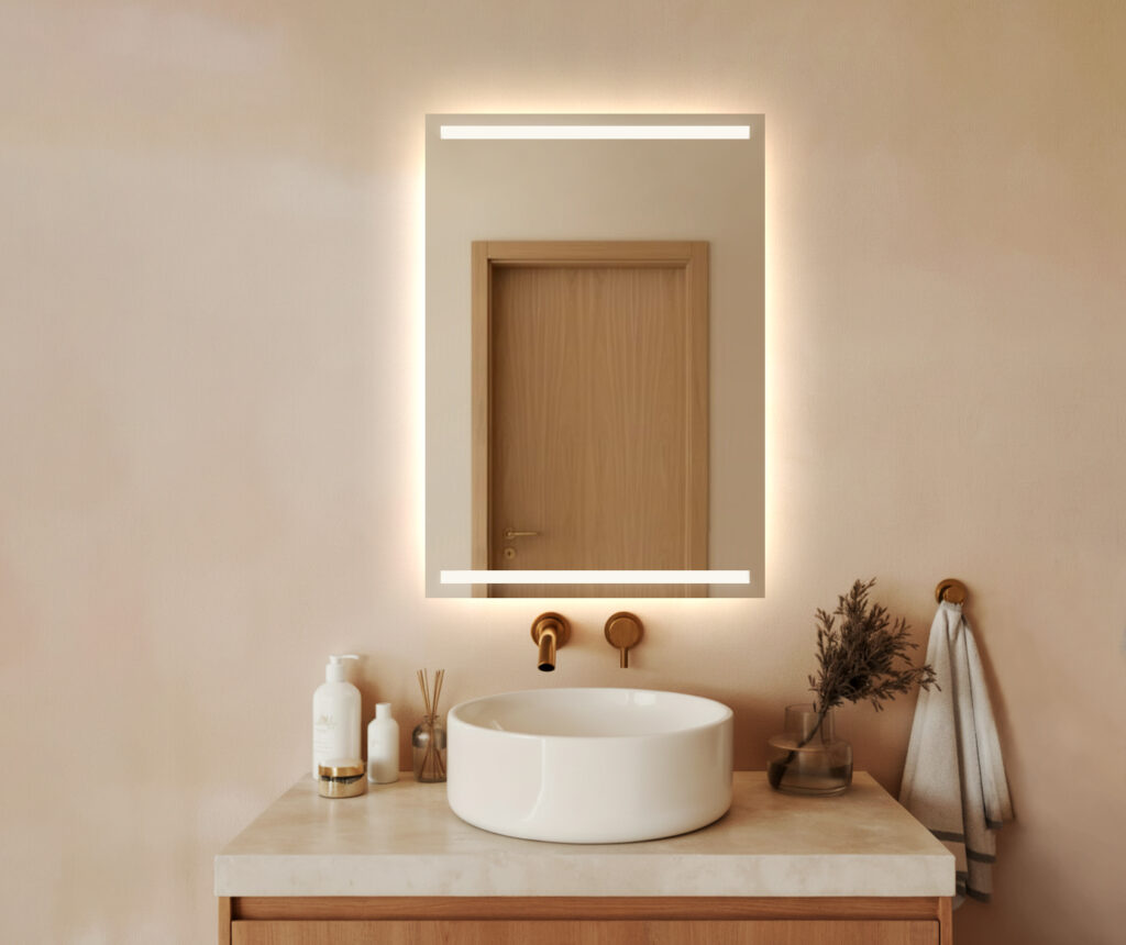 Lustro LED ABDIASZ - Prostokątne, podświetlane oraz piaskowane na górze i dole