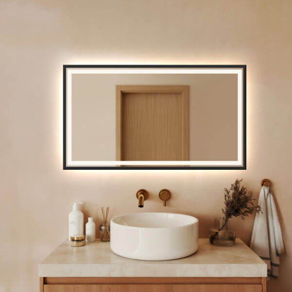 (Wyprzedaż) Lustro LED AMOS - Prostokątne sz 900mm x wys 600mm, Włącznik Dotykowy + Czarna Rama