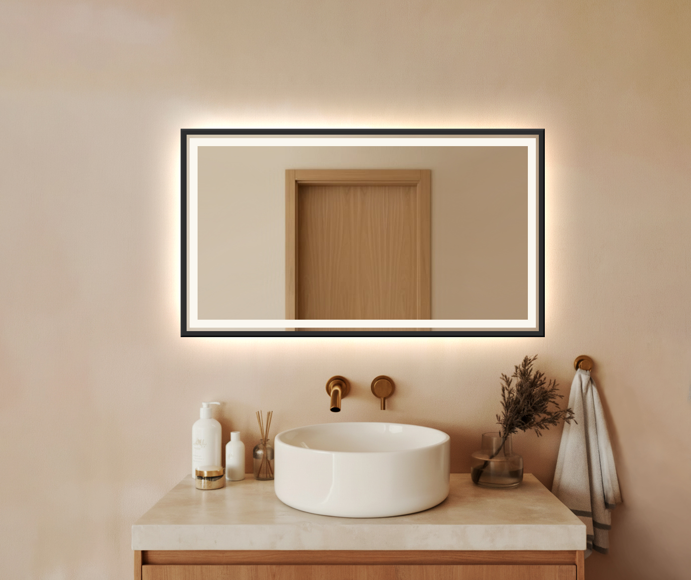 (Wyprzedaż) Lustro LED AMOS - Prostokątne sz 900mm x wys 600mm, Włącznik Dotykowy + Czarna Rama