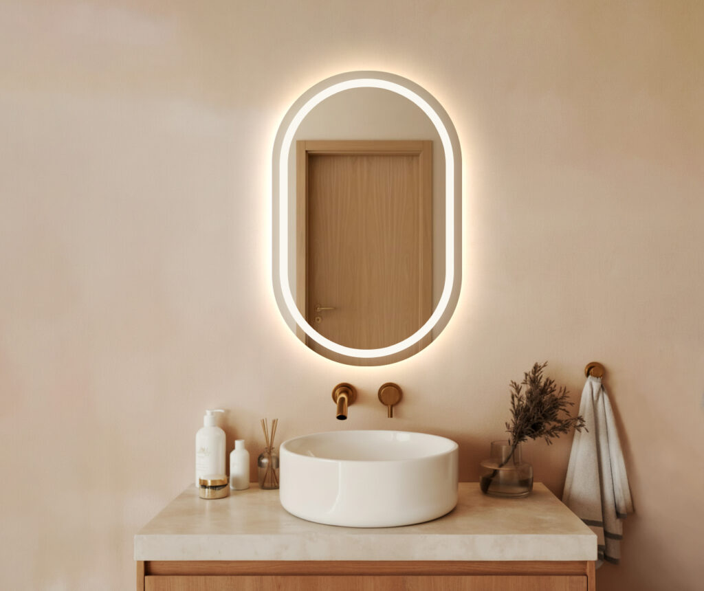 Lustro LED - Owalne Łazienkowe, podświetlane z piaskowaniem