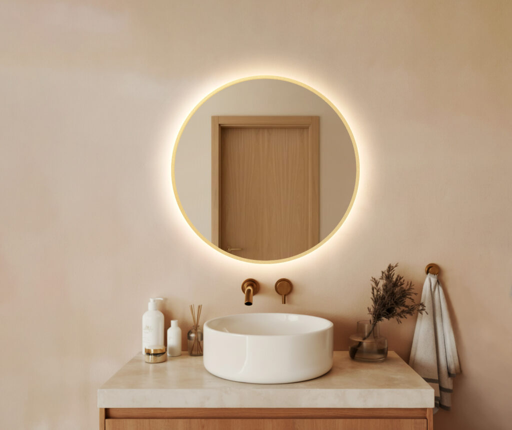 ogrągłe lustro z złotej ramie z podświetleniem LED