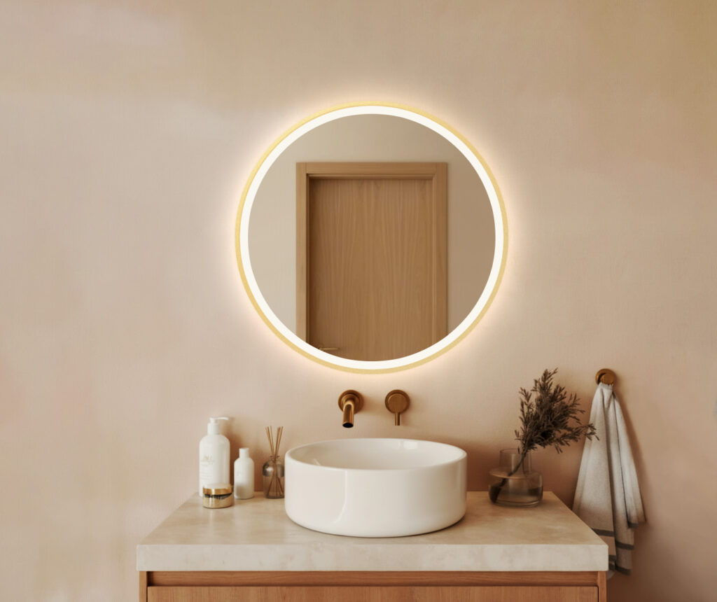 Lustro okrągłe w złotej ramie LED z piaskowaniem