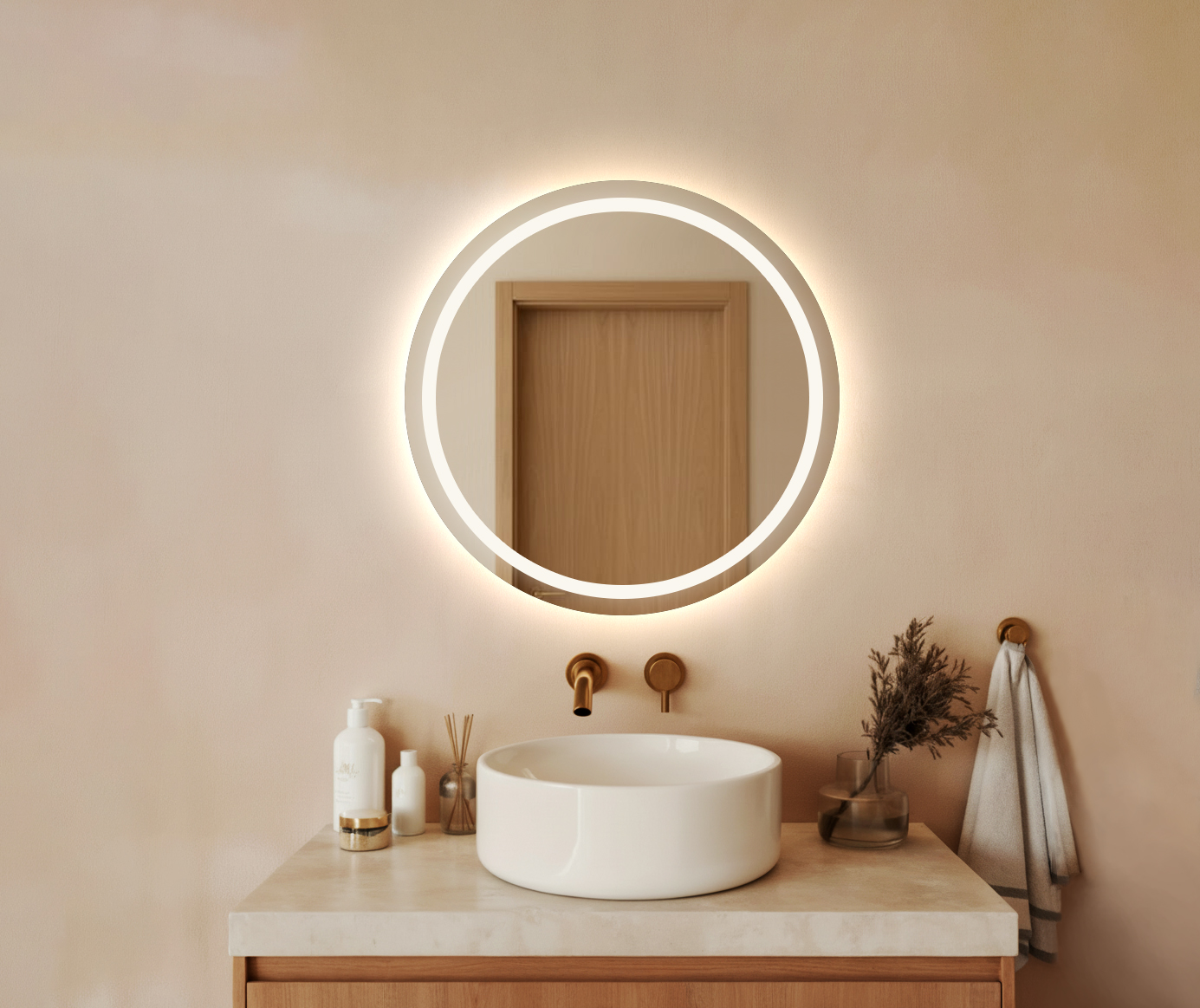 Lustro LED AMOS - okrągłe podświetlane piaskowane w środku